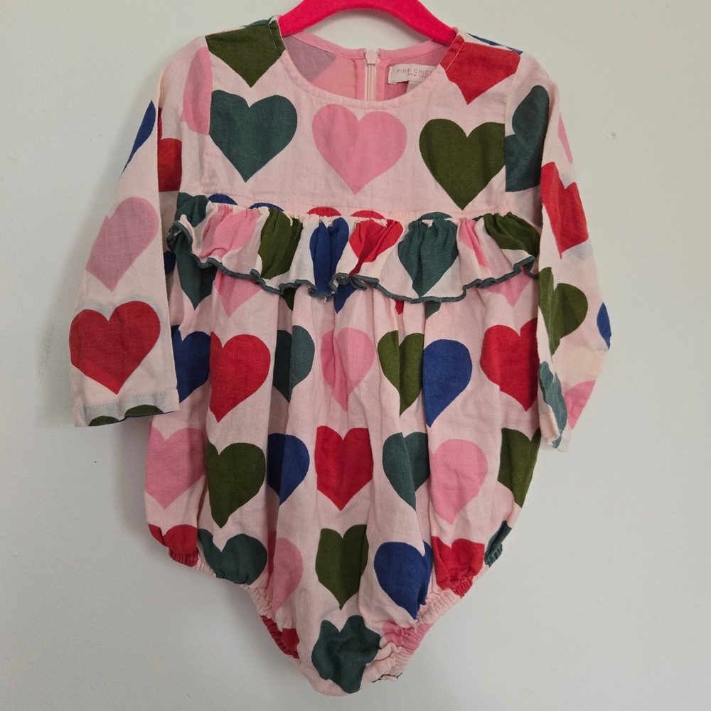 Pink Chicken New‎ York Toddler Girls Heart Print Ruffle Bubble Romper Pink 2Y
